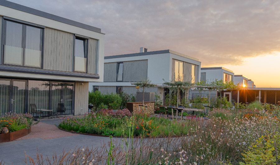 Bloemrijke achtertuin bij moderne villa